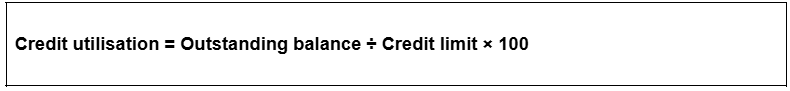 Formula for credit utilisation: outstanding balance divided by credit limit, multiplied by 100.