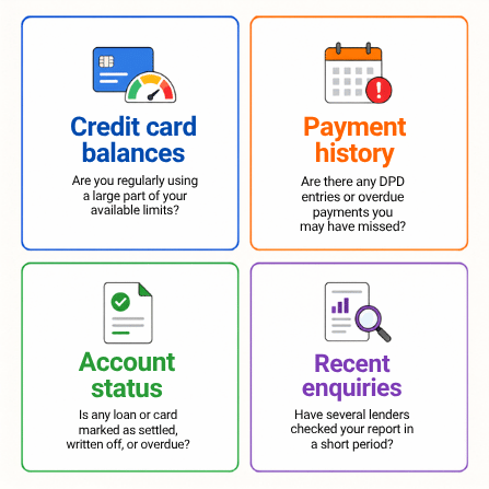 Credit report checks for balances, payment history, account status, and recent enquiries.